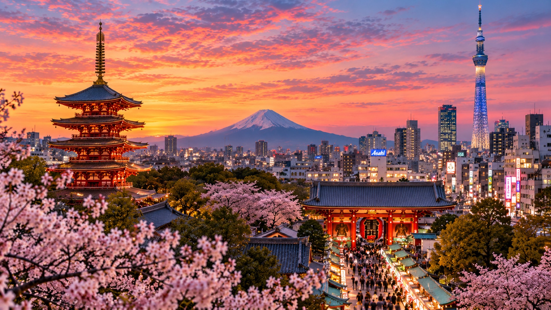 Tokio al atardecer con una pagoda, el Monte Fuji y cerezos